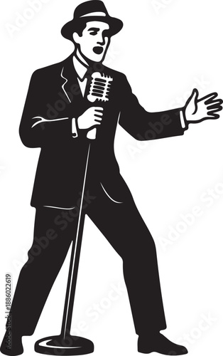 Black and white singer performing on stage with microphone