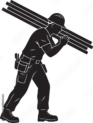 Black and white worker carrying long pipes on shoulder