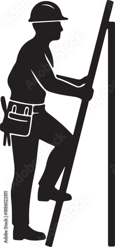 Black silhouette of worker climbing ladder with tool belt