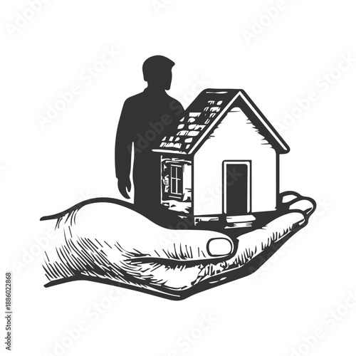 Hand holding house sketch representing real estate and home ownership