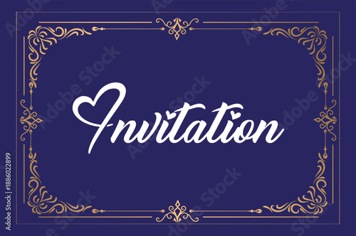 Luxury navy blue invitation card with elegant gold ornate border and heart calligraphy for premium events