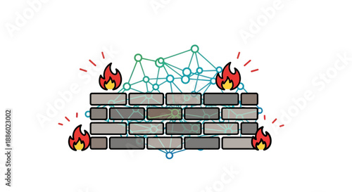 Cybersecurity firewall protecting network data, digital information defense concept. Online security, internet privacy illustration.