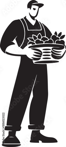 Farmer holding basket of vegetables overalls
