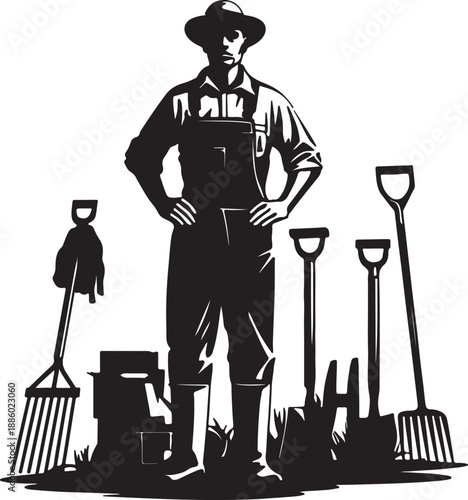 Farmer with tools in black and white overalls shovel