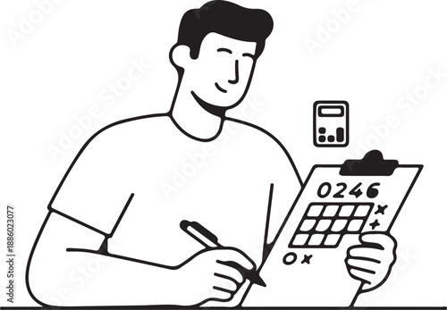 Man calculating with calculator and clipboard