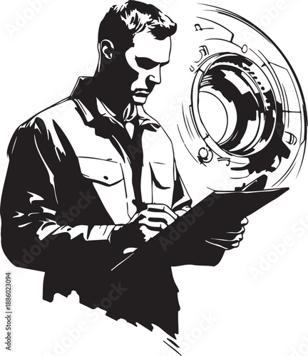 Man Examining Mechanical Device Black And White