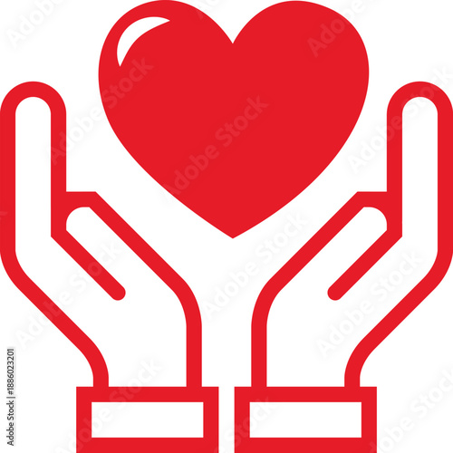 Red heart in cupped hands icon, concept of care, charity, love, and healthcare support on white background.