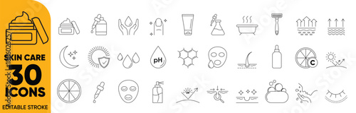 Skin Care Line 30 Icons Set - Beauty Routine, Dermatology, Cosmetic Products, Facial Treatment, Spa Wellness, and Hygiene Symbols with Editable Stroke