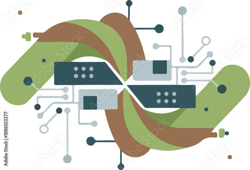 Green Bio-Tech DNA Helix or Abstract Ribbon with Circuit Nodes