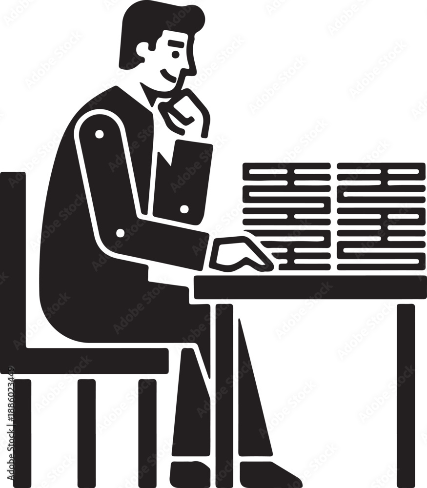 Fototapeta premium Man in suit sitting at desk with laptop thinking