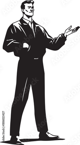Man in suit pointing with hand gesture black white