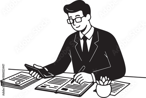 Man in suit signing documents at desk with glasses