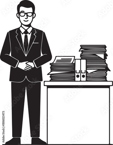 Man in suit standing next to a stack of binders glasses
