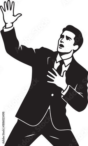 Man in suit with arms raised and hand on chest black