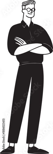 Man with glasses standing arms crossed black shirt