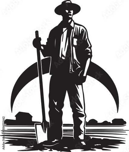 Man with shovel and scythe silhouette in western attire