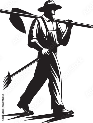 Man with shovel and rake in black and white overalls