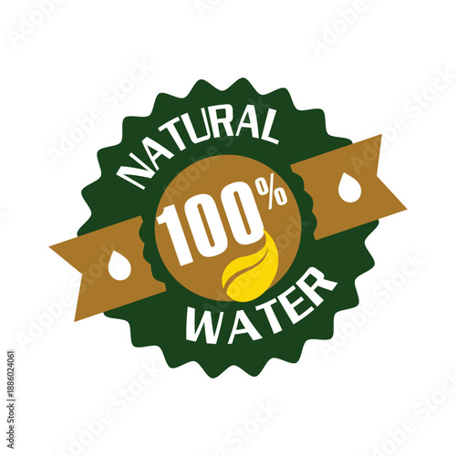 100% Natural Water Badge Label Design, Organic Pure Water Sticker with Green Leaf and Ribbon, Eco-Friendly Beverage Branding Vector