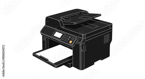 Modern Black Multifunction Office Printer with Paper Output.