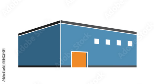Modern Blue Warehouse Building with Orange Door.