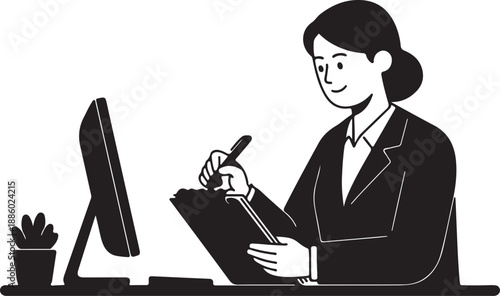 Woman in suit signing document at desk with computer