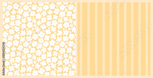 Yellow floral seamless pattern combined with striped print for nursery decor, kids apparel, textile prints, wallpapers, wrapping papers, scrapbooking, stationery, digital paper, backgrounds. EPS 10