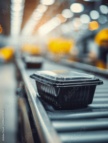 Black takeout food container with transparent lid moving on conveyor belt in a modern warehouse environment with warm lighting and blurred background elements