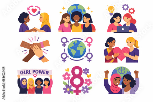 International Women’s Day women collaboration across cultures icon set