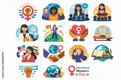 International Women’s Day women impact and influence worldwide icon set
