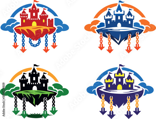 Two-Color vector icons of a floating castle with chains to the ground: castle silhouette, hanging chains, floating base, cloud