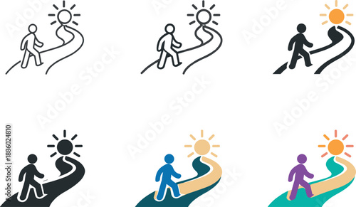 Conscious development imagery showing a person advancing along a rising trail toward clarity, displayed six times as identical