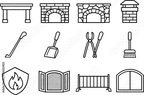 Line style icons of hearth details: mantel, brick, stone, chimney; poker, shovel, tongs, brush; safety, screen, guard, cover