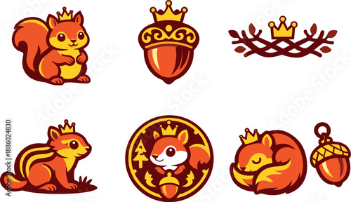 Two-Color vector icons of whimsical small mammals echoing a crowned squirrel theme: miniature squirrel, ornate acorn, twig crown,