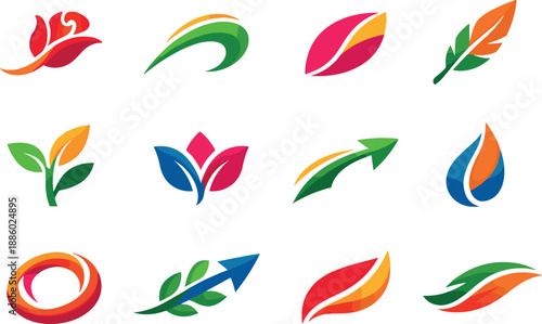 Two-Color vector icons of organic bloom motion: flowing rose arc, natural shaft curve, soft petal tip, earthy fletch mark;