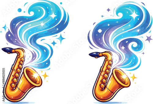 Two-Color vector icons of a whimsical sax breathing glowing smoke (whimsical shift): luminous plume, curved sax, bell shine,