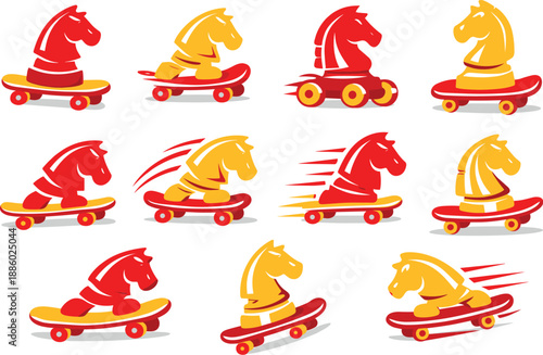 Two-Color vector icons of chess knight piece on skateboard: knight on rolling board, tilted knight riding deck, carved horse