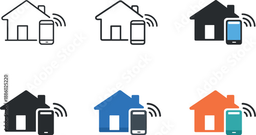 Connected digital home concept illustrating a simple house paired with a mobile device and subtle wireless waves to represent