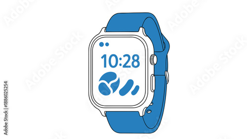 Modern smartwatch with blue strap displaying time and health data on screen.