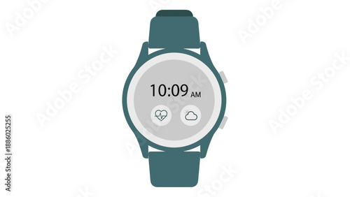 Modern smartwatch displaying time and weather icons on a white background.
