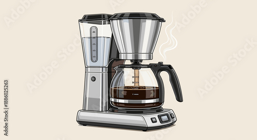 Modern Stainless Steel Drip Coffee Maker with Glass Carafe.
