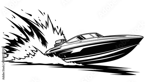 Monochrome Speedboat Vector Illustration with Water Splash Effect.