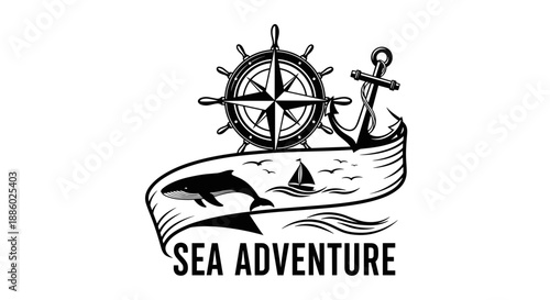 Nautical Adventure Emblem with Whale and Ship Elements.
