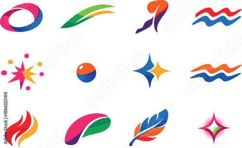 Two-Color vector icons of slender organic shapes: arc loop, curve sweep, leg line, contour wave, dotted spark, tiny bead, shine