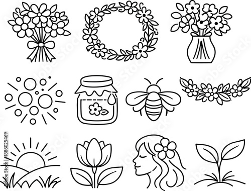 Line style icons of spring floral elements: bouquet, wreath, vase, garland; pollen, nectar, bee, butterfly; spring, bloom, beauty
