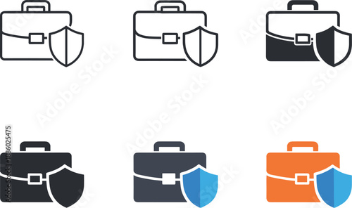Corporate protection symbol depicting a briefcase combined with a shield to represent business insurance solutions, shown six