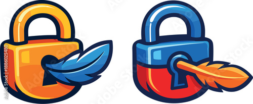 Two-Color vector icons of padlock with feather as key: lock with feather-key arc, curved quill in keyway, soft plume bit, gentle