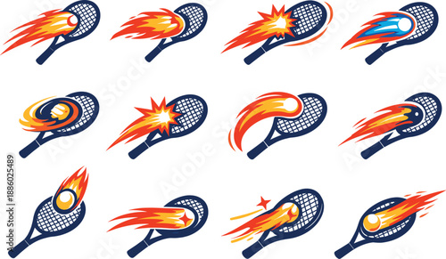 Two-Color vector icons of tennis racket hitting comet: racket striking comet tail, angled racket with blazing comet, racket