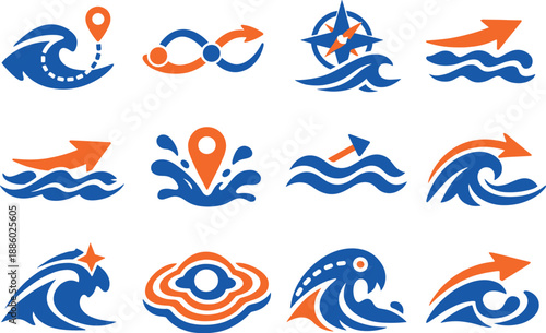 Two-Color vector icons of exploratory ocean pathways: route-mark wave, wayfinding tide curve, compass-water crest, trail-surge
