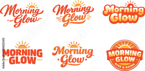 Modern flat holiday banner design Morning Glow clean commercial lettering logo set with six coordinated wordmark variations of