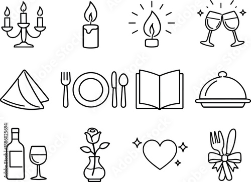 Line style vector icons of candlelight dining: candleholder, flame, glow, light; napkin, placemat, menu, cover; elegance, charm,